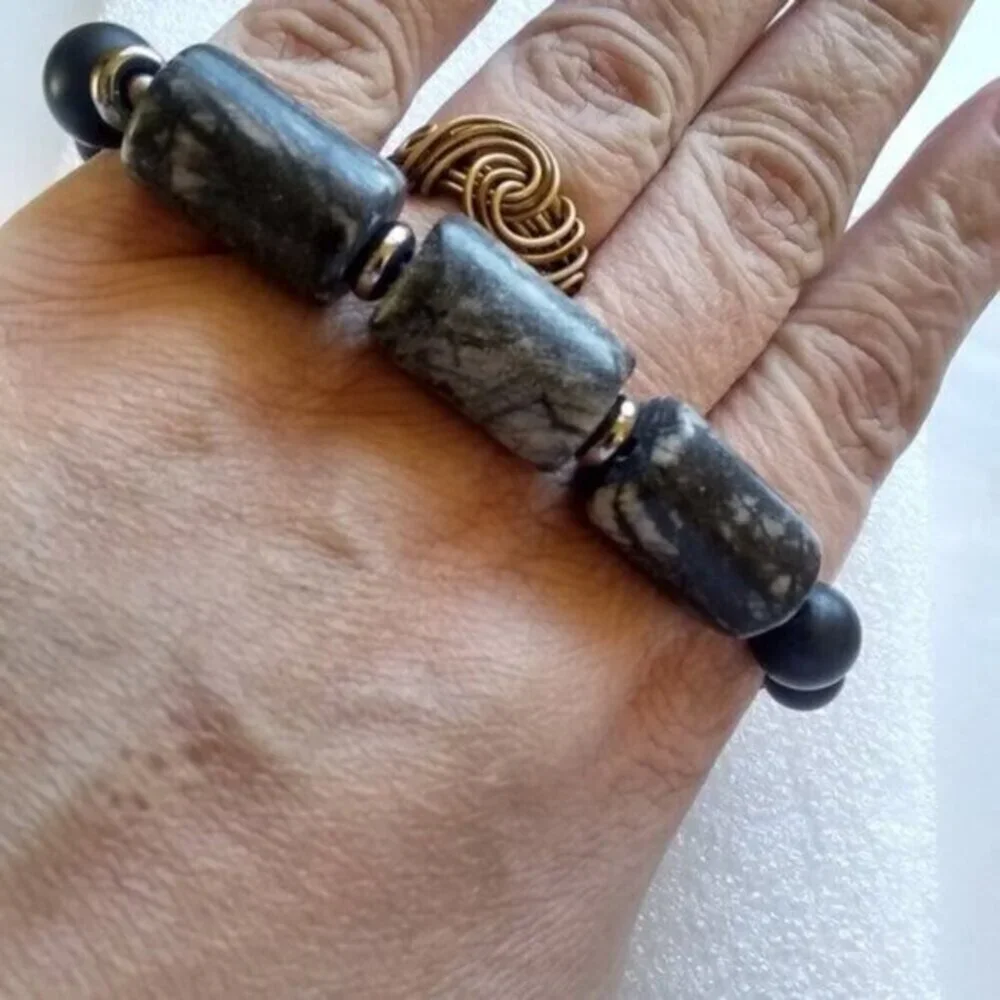 Chunky & Masculine! Black + Gray Jasper Stretch Bracelet - Grunge Goth Punk